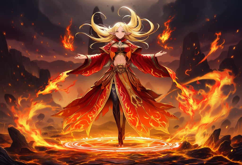 金髪エルフ × 炎魔法(フレイムメイジ)