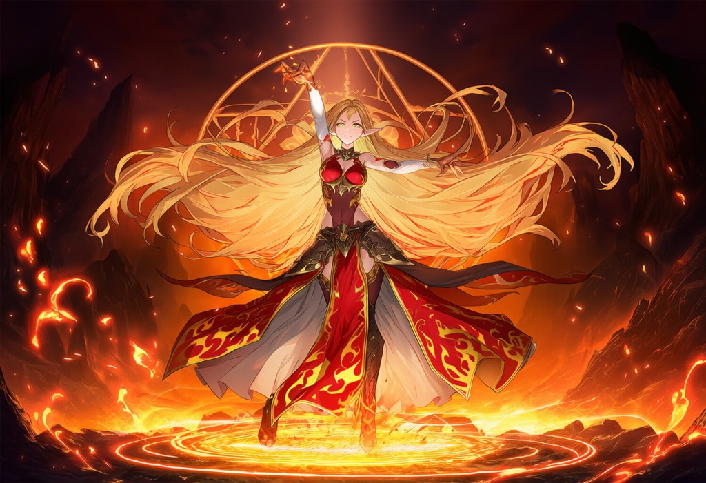 金髪エルフ × 炎魔法（フレイムメイジ）