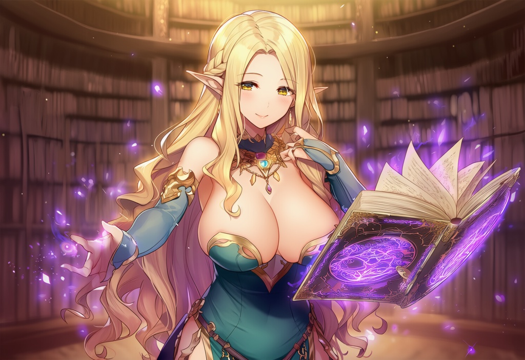 金髪エルフ × 魅惑の魔導書(セクシー魔法学者 / シャーマン風)