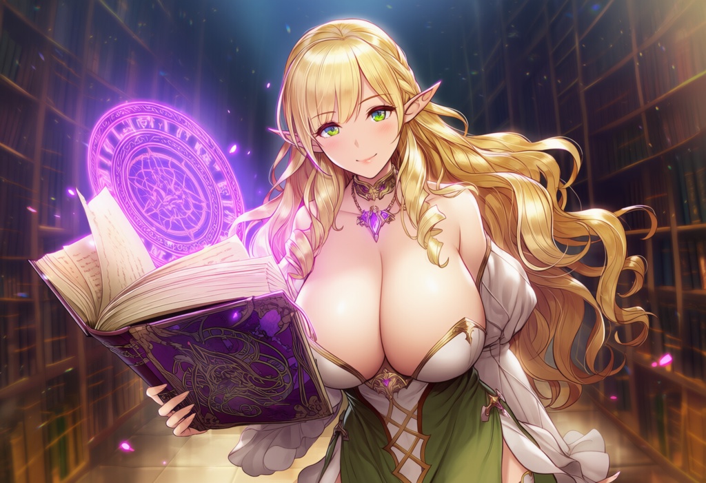 金髪エルフ × 魅惑の魔導書(セクシー魔法学者 / シャーマン風)