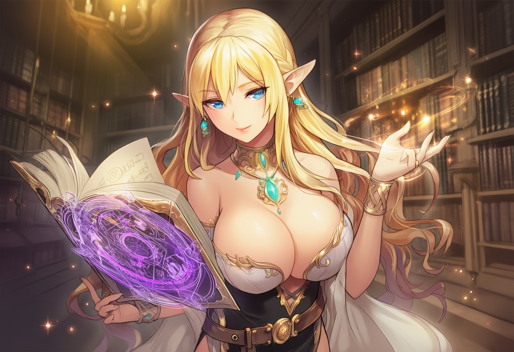 金髪エルフ × 魅惑の魔導書(セクシー魔法学者 / シャーマン風)