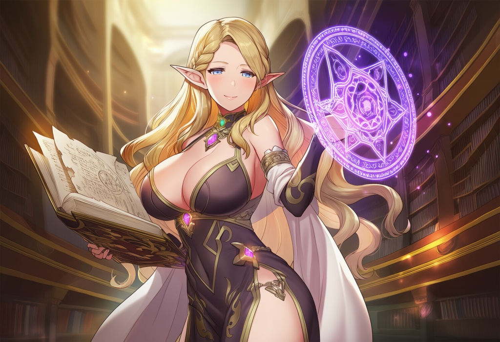 金髪エルフ × 魅惑の魔導書(セクシー魔法学者 / シャーマン風)