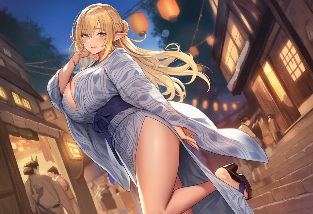 金髪エルフ × はだけ浴衣