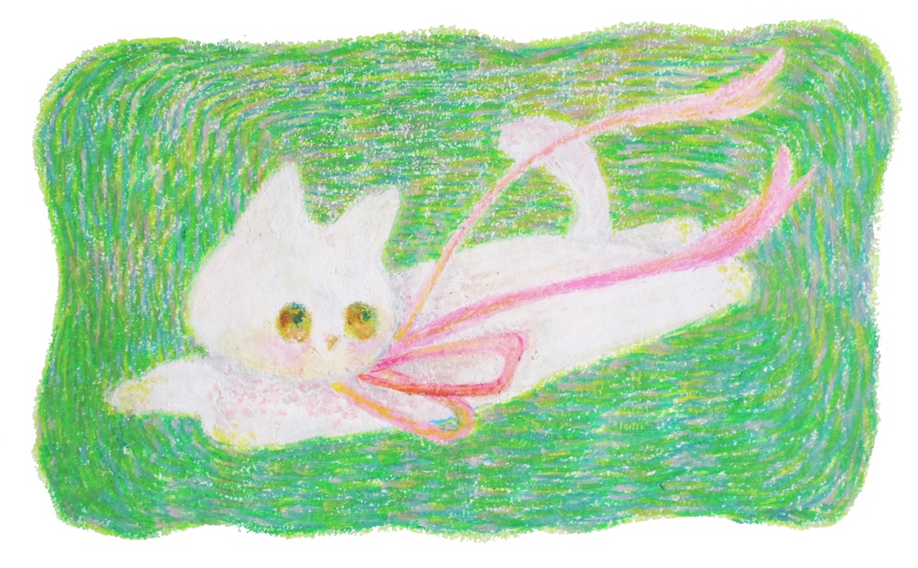 オイルパステル原画『春色時光04ーリボンつきの猫』