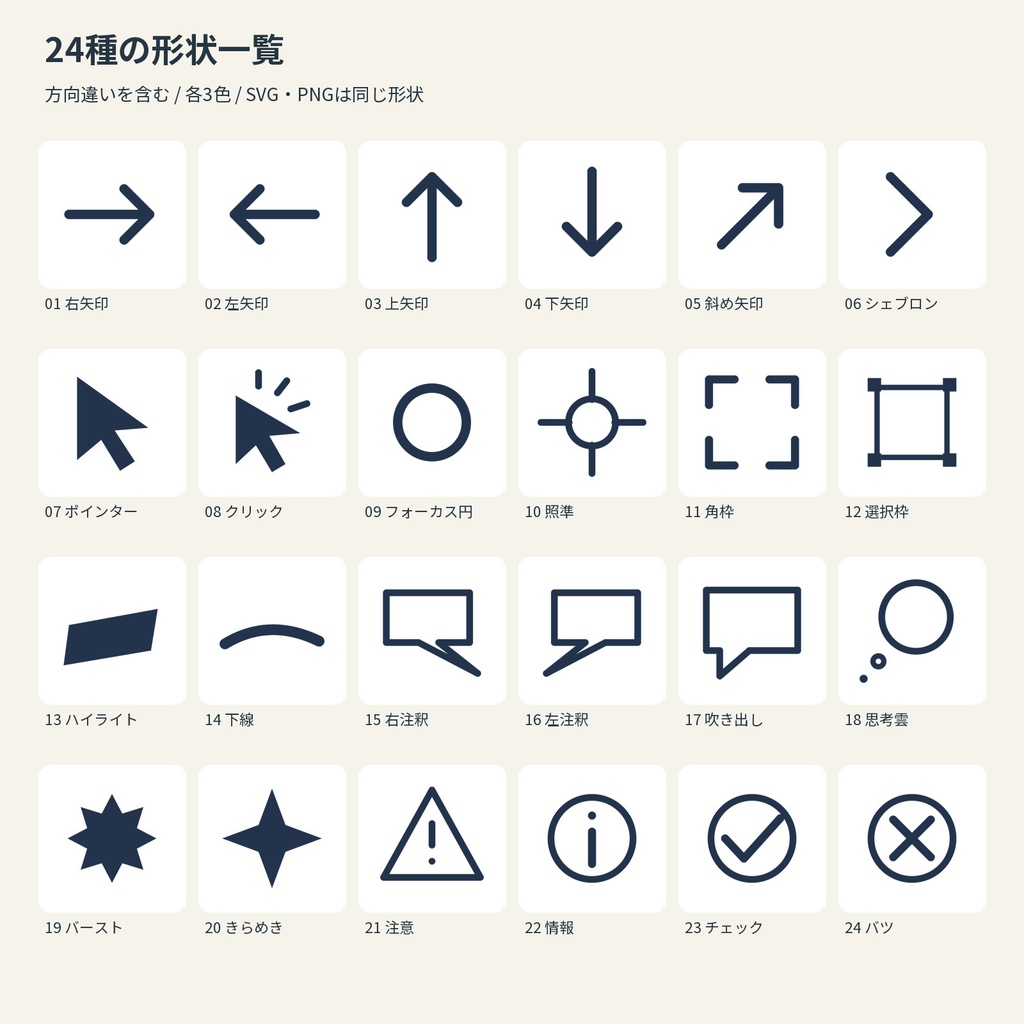 【無料3種】画面解説の注釈マーク24種|3色・透過PNG+SVG【AIコード制作】