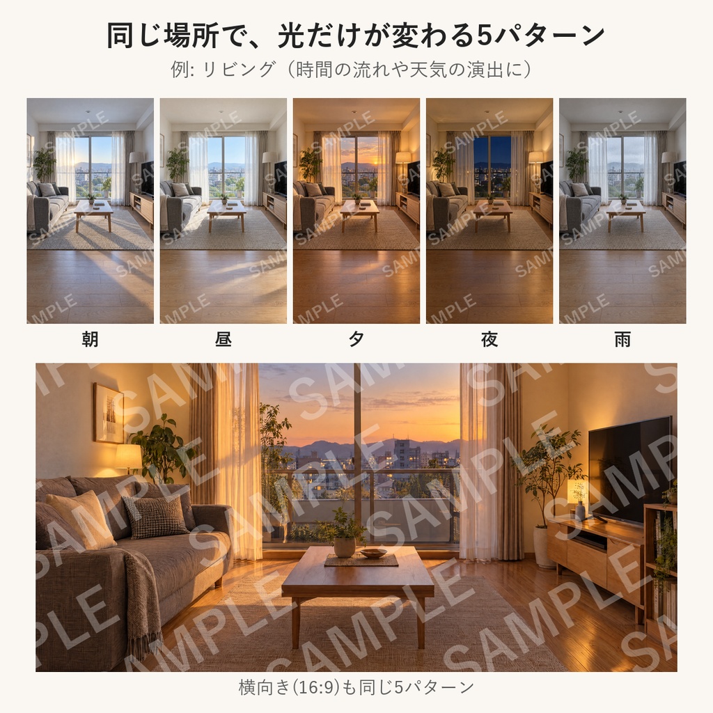 【AI生成】部屋の背景素材100枚|縦9:16・横16:9|朝昼夕夜雨の5パターン|配信・ショート動画用