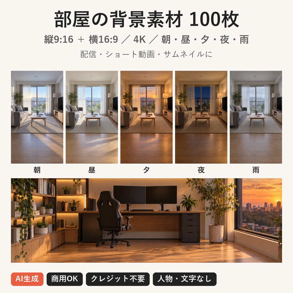 【AI生成】部屋の背景素材100枚｜縦9:16・横16:9｜朝昼夕夜雨の5パターン｜配信・ショート動画用
