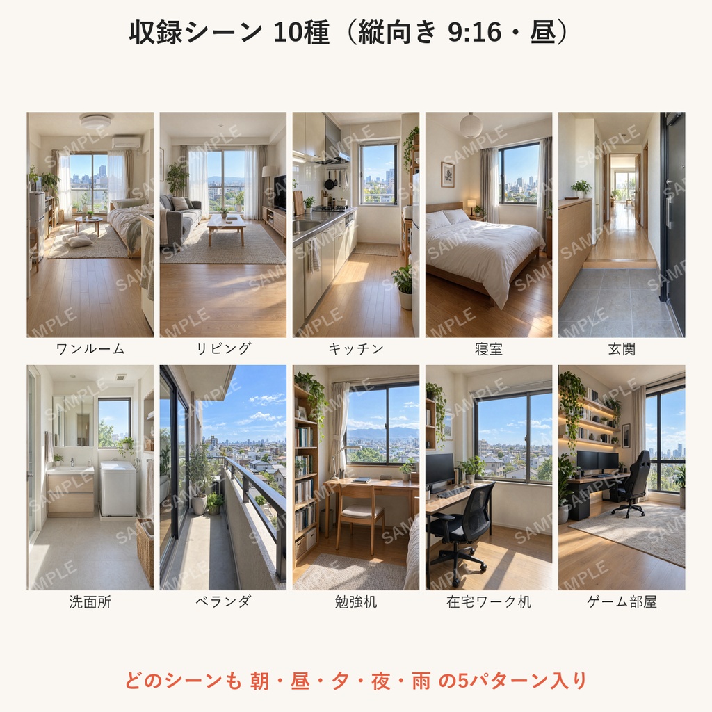 【AI生成】部屋の背景素材100枚|縦9:16・横16:9|朝昼夕夜雨の5パターン|配信・ショート動画用