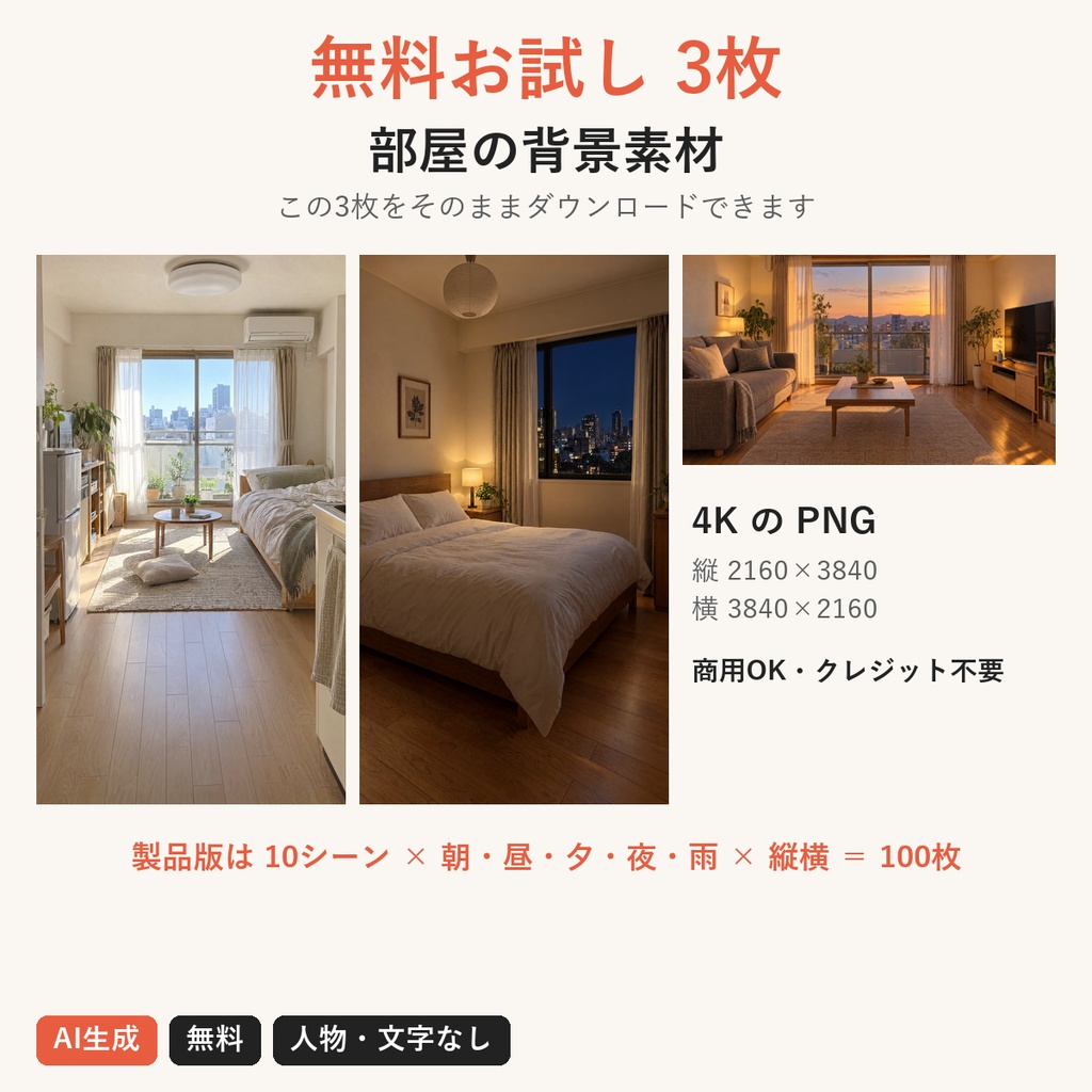 【AI生成・無料】部屋の背景素材 お試し3枚｜4K｜配信・ショート動画用