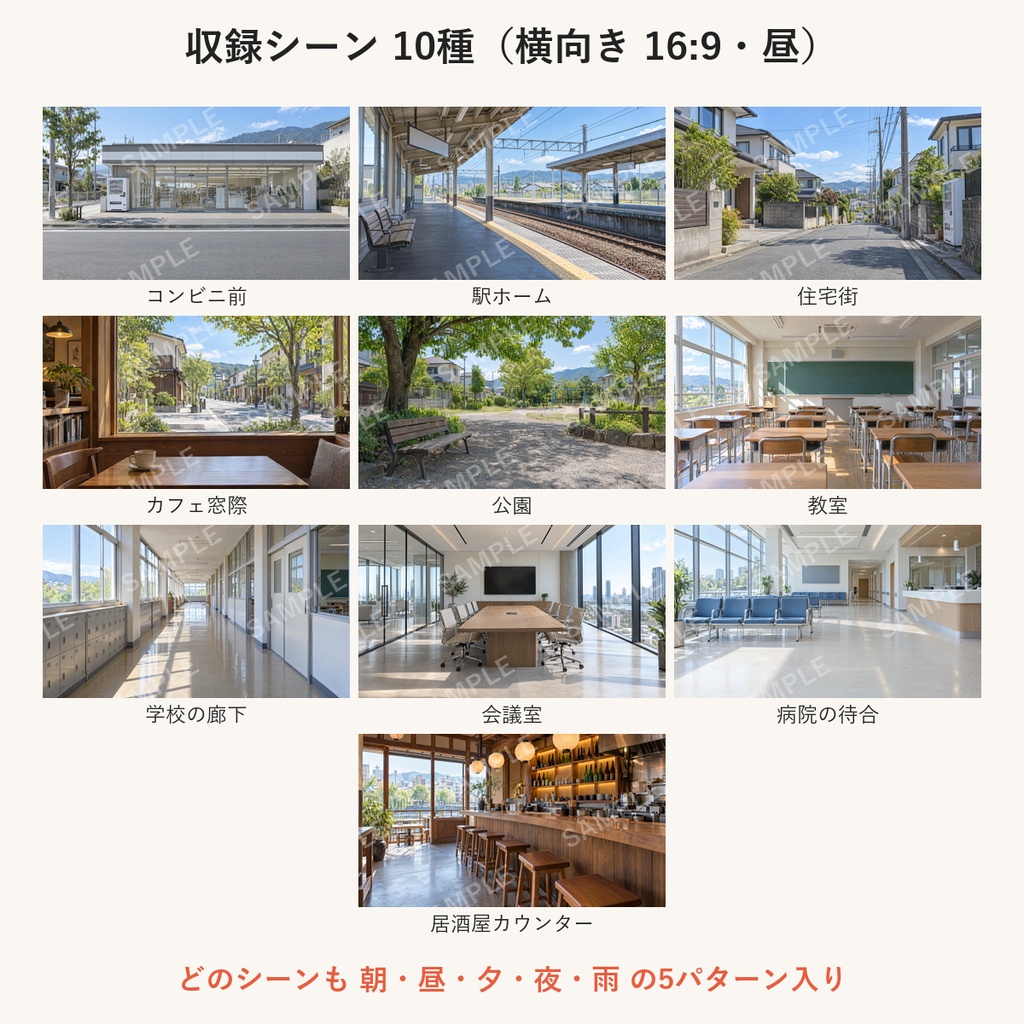 【AI生成】街・施設の背景素材100枚|縦9:16・横16:9|朝昼夕夜雨の5パターン|配信・ショート動画用