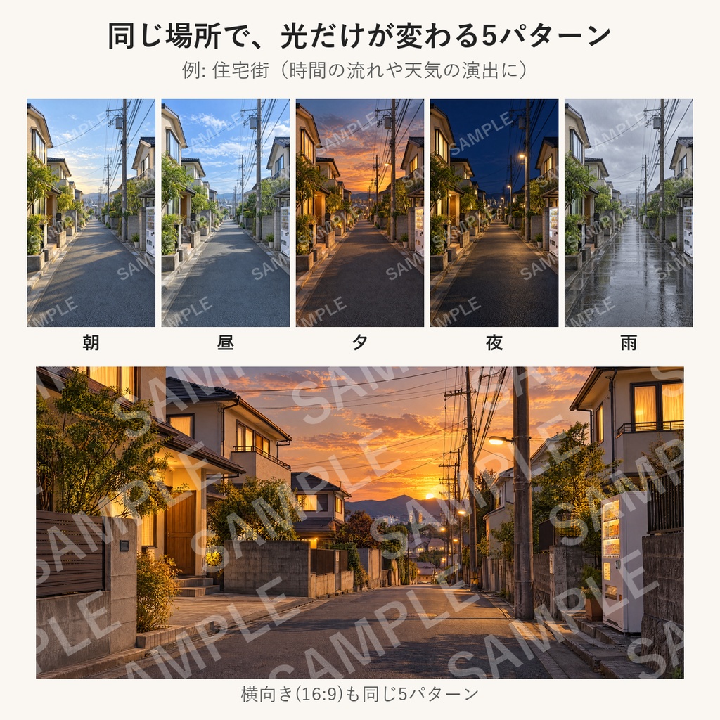 【AI生成】街・施設の背景素材100枚|縦9:16・横16:9|朝昼夕夜雨の5パターン|配信・ショート動画用