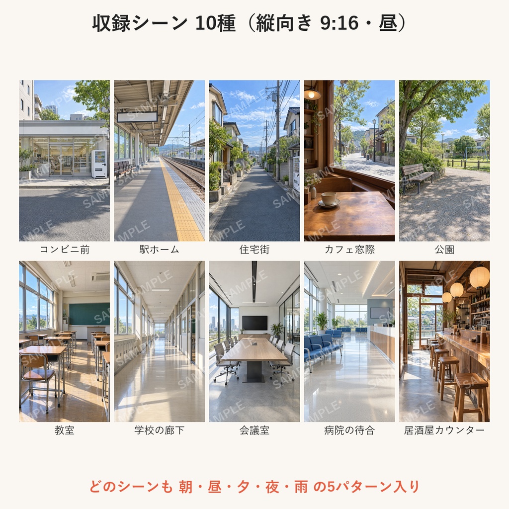【AI生成】街・施設の背景素材100枚|縦9:16・横16:9|朝昼夕夜雨の5パターン|配信・ショート動画用