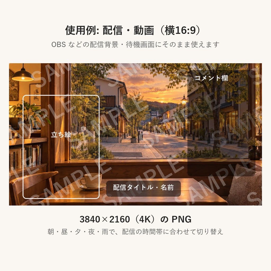 【AI生成】街・施設の背景素材100枚|縦9:16・横16:9|朝昼夕夜雨の5パターン|配信・ショート動画用