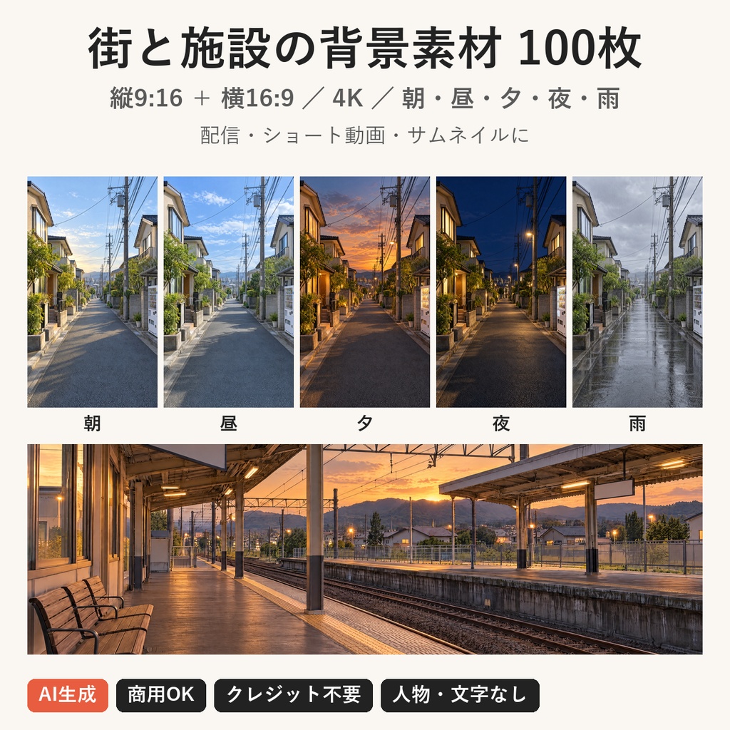 【AI生成】街・施設の背景素材100枚｜縦9:16・横16:9｜朝昼夕夜雨の5パターン｜配信・ショート動画用