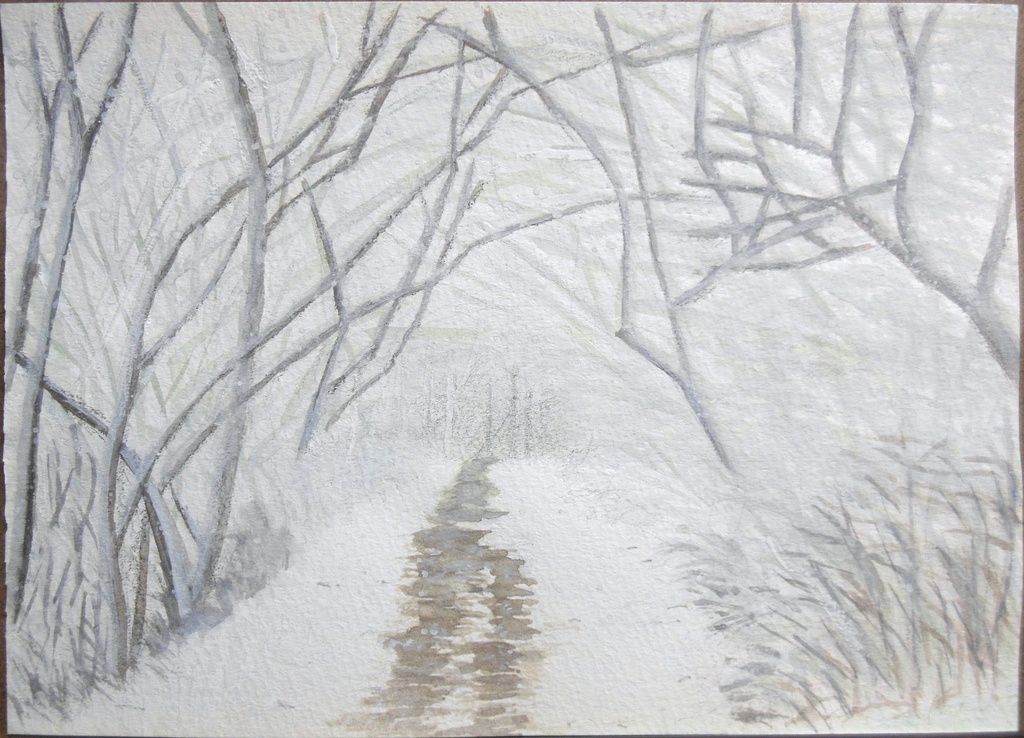 【1点もの】原画　「真冬の林道」　水彩画