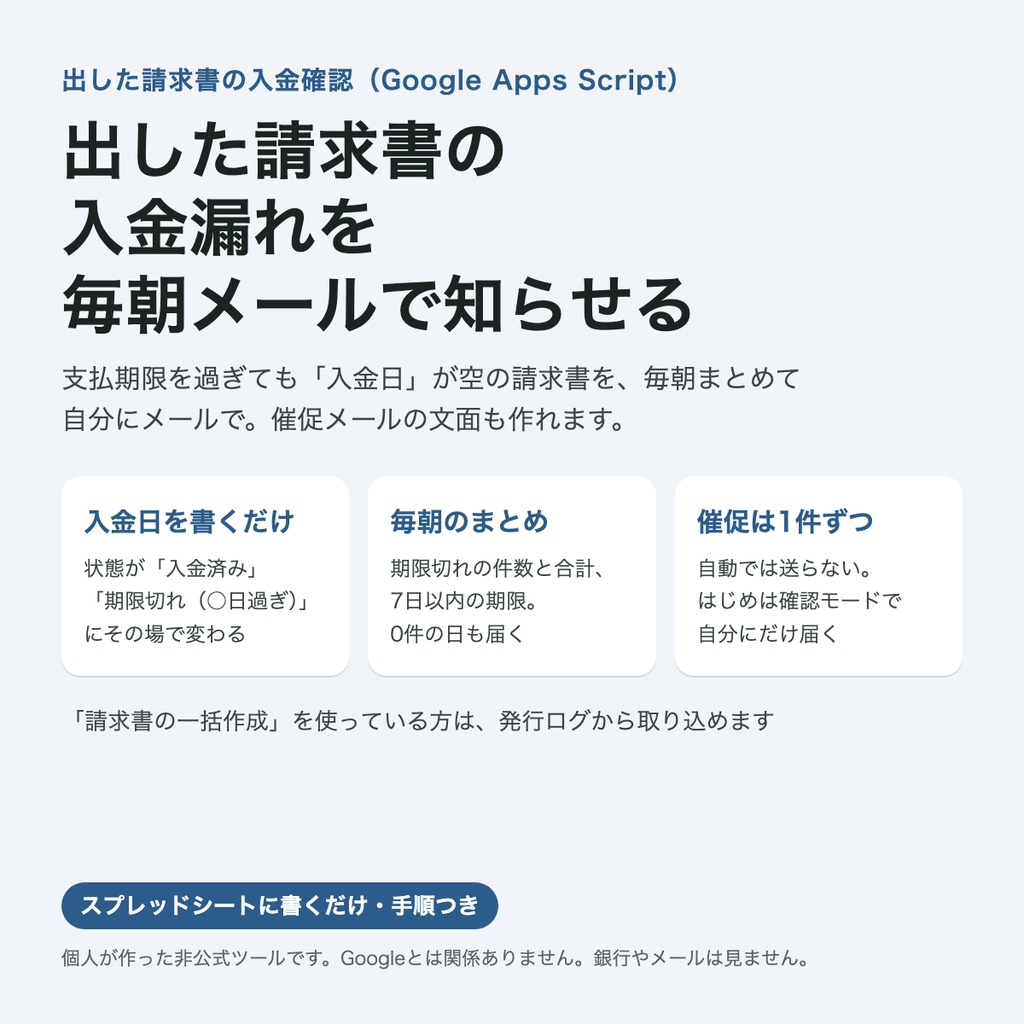 出した請求書の入金漏れを知らせる(非公式)|支払期限を過ぎた未入金を毎朝メールで、催促文も作成