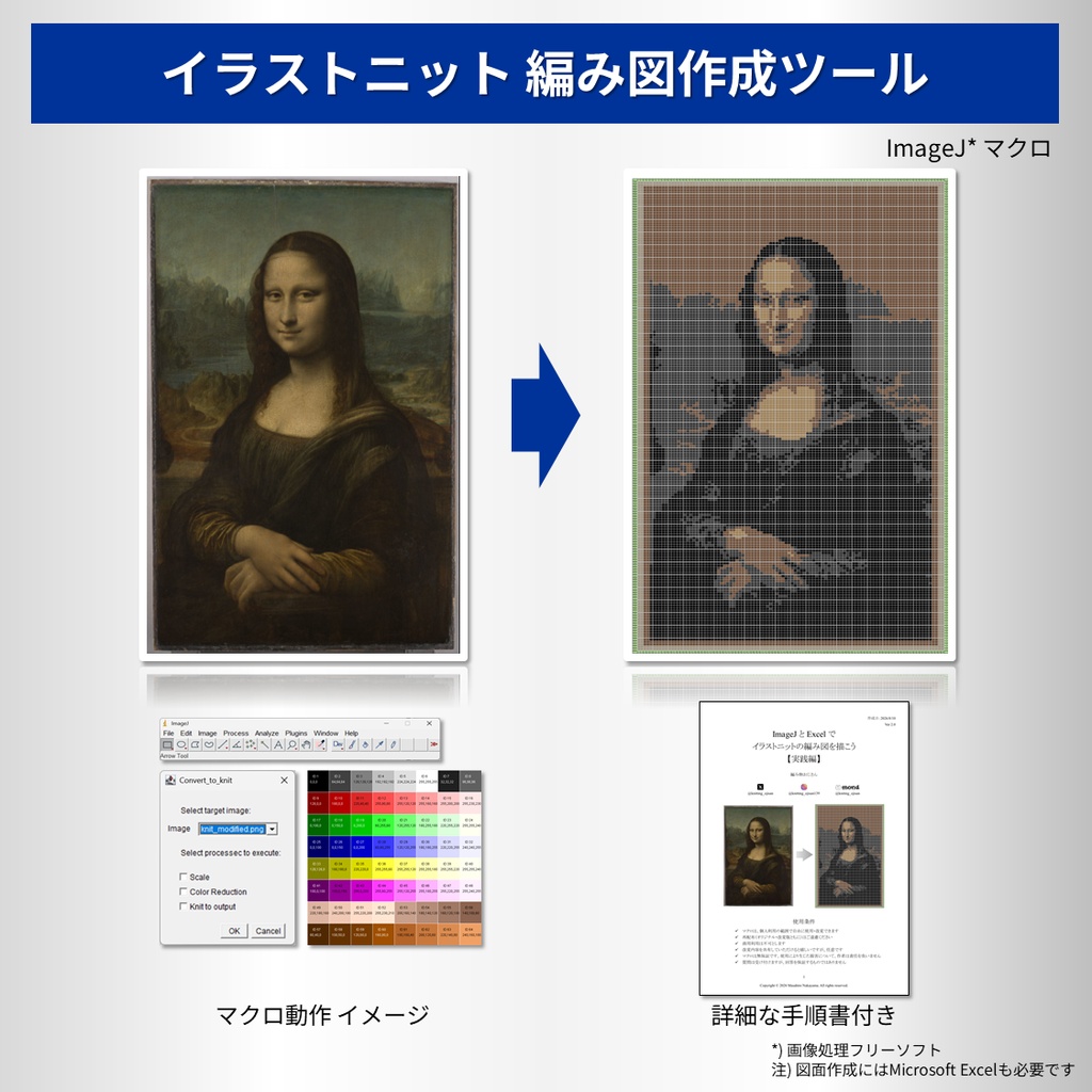 イラストニット編み図作成 ImageJ マクロ v5.2 + 手順書 v2.1
