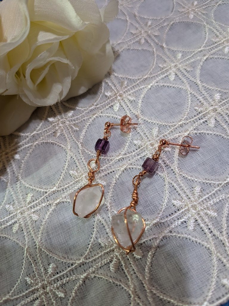 八面体とキューブパープルフローライトのピアス。