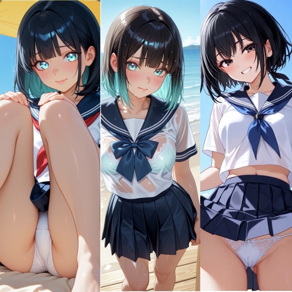 [R-15][27枚]セーラー服黒髪美少女のビーチ誘惑 ～夏の砂浜で魅惑のポーズ～