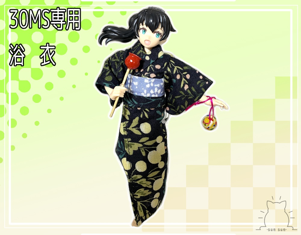 30MS用浴衣　夜の森と蛍柄　青い花柄