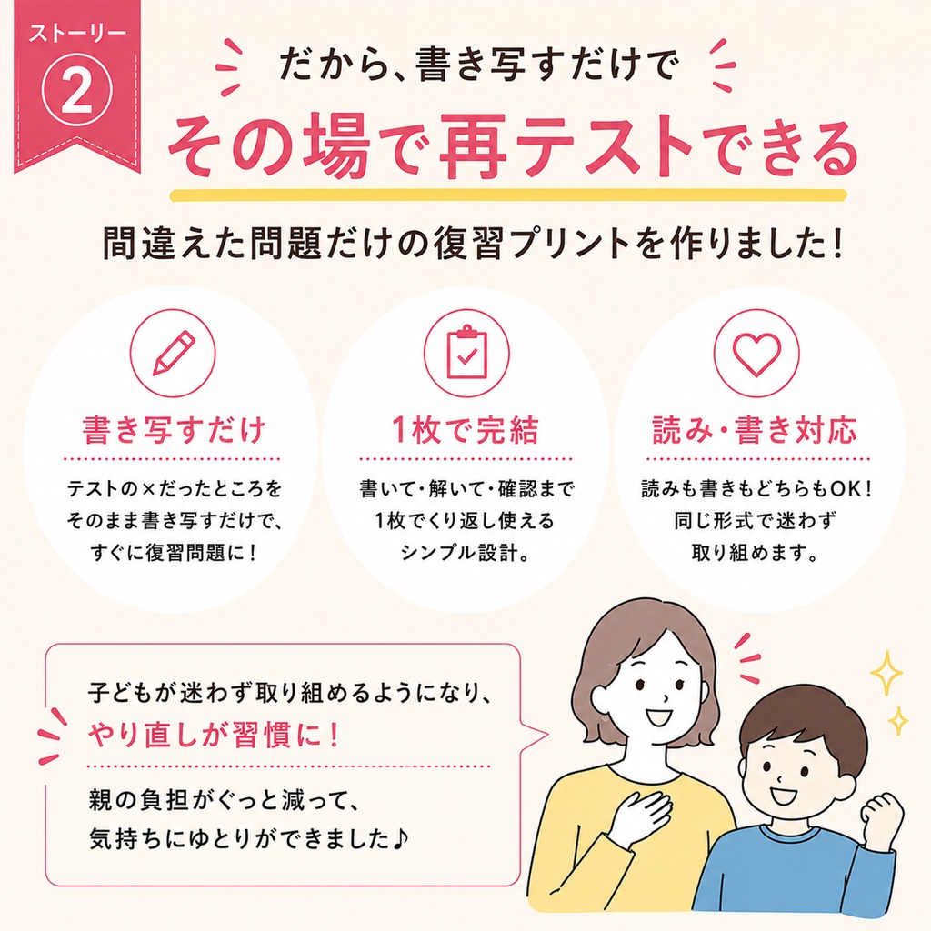 【漢字テストのやり直し】間違えた問題だけ復習できる漢字プリント|読み・書き両対応(小学生・家庭学習)