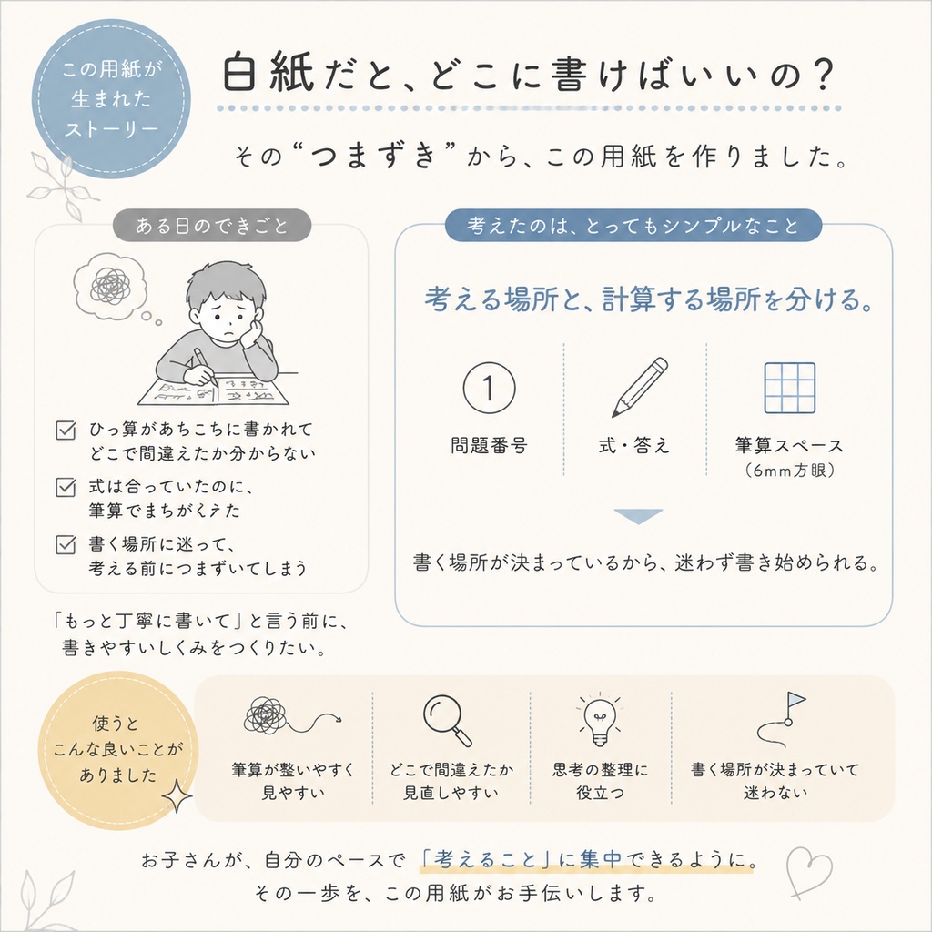 【無料】小学生の算数・計算サポート用紙|式・筆算を整理して書けるA4プリント