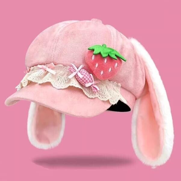 ゆめかわ♡全２カラー　うさ耳付きいちごベレー帽　komono3