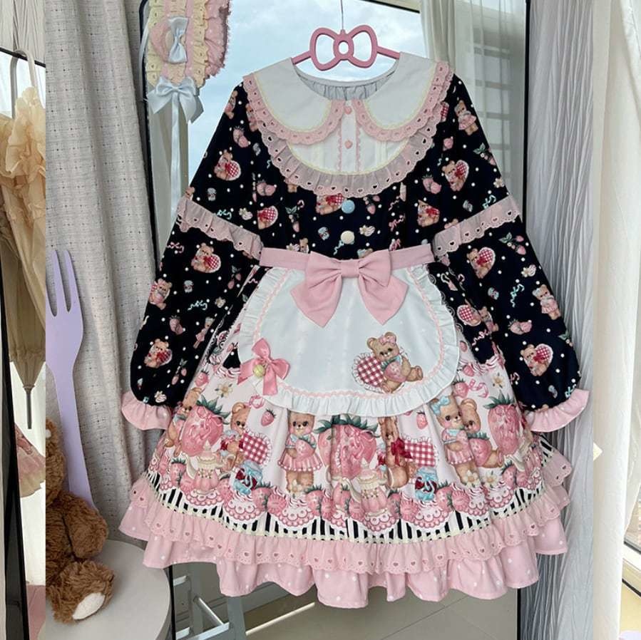 送料無料♡全3カラー エプロン付き編み上げリボンワンピース wanpi114★