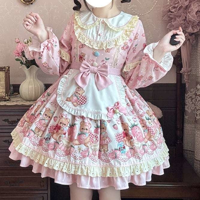 送料無料♡全3カラー エプロン付き編み上げリボンワンピース wanpi114★