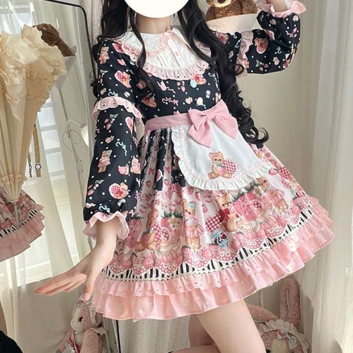 送料無料♡全3カラー エプロン付き編み上げリボンワンピース wanpi114★