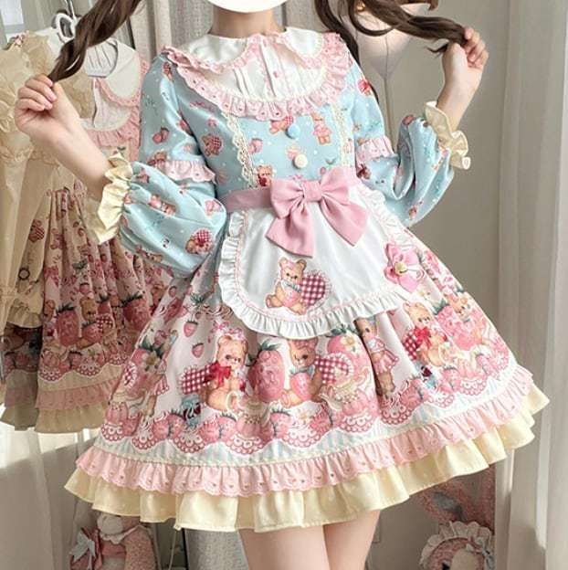 送料無料♡全３カラー　エプロン付き編み上げリボンワンピース　wanpi114★