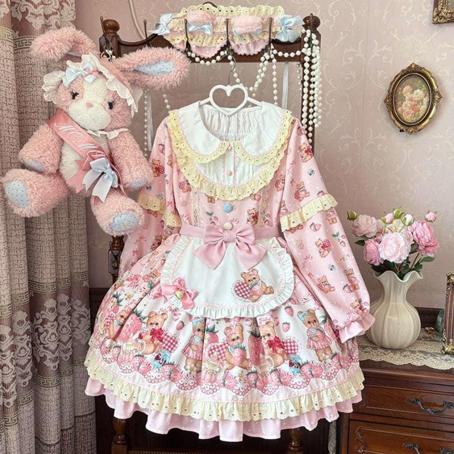 送料無料♡全3カラー エプロン付き編み上げリボンワンピース wanpi114★