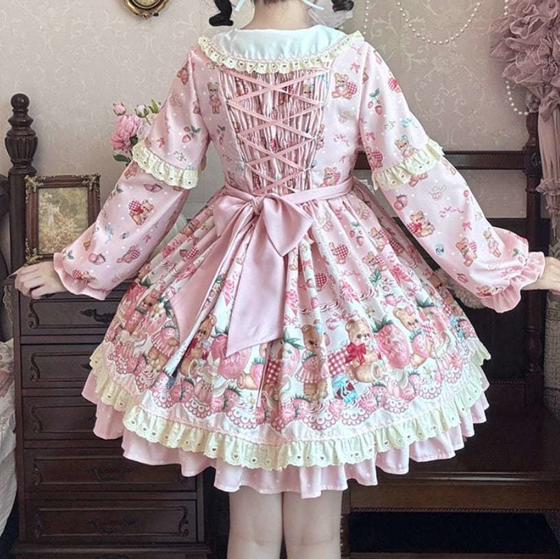 送料無料♡全3カラー エプロン付き編み上げリボンワンピース wanpi114★