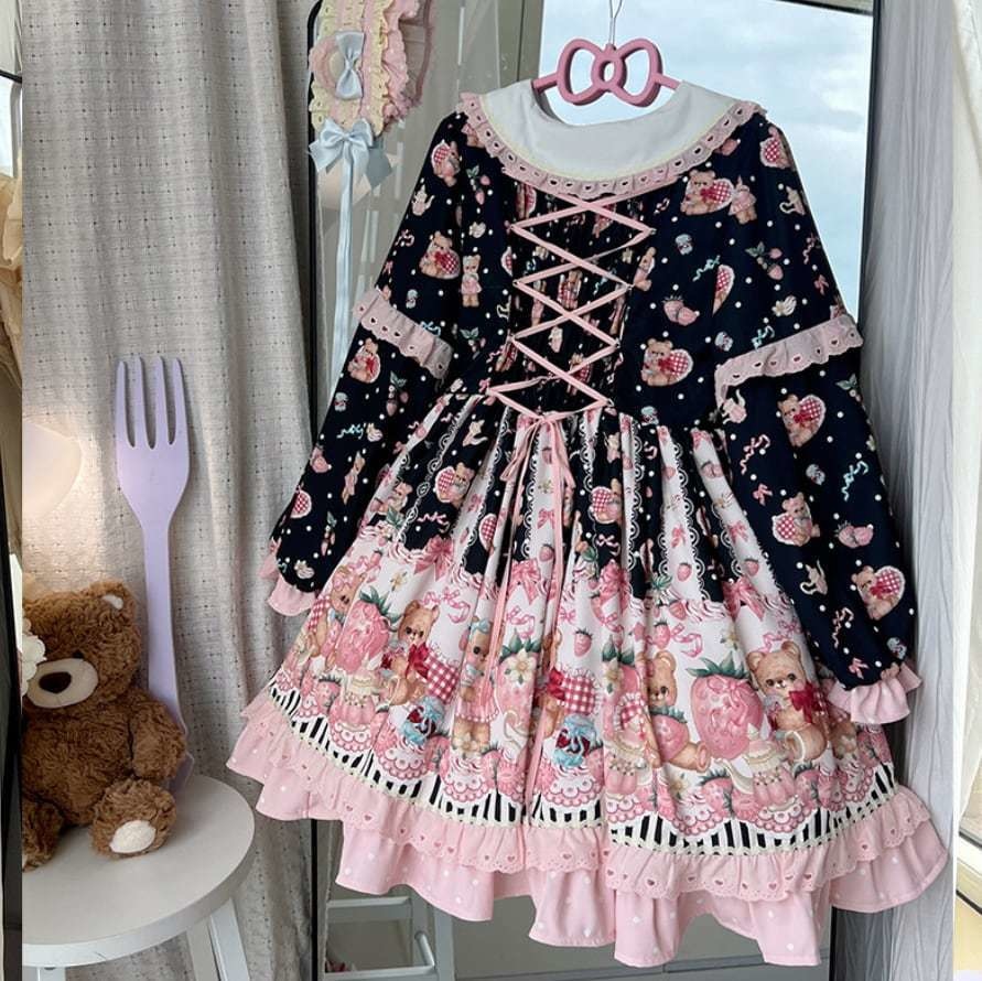 送料無料♡全3カラー エプロン付き編み上げリボンワンピース wanpi114★