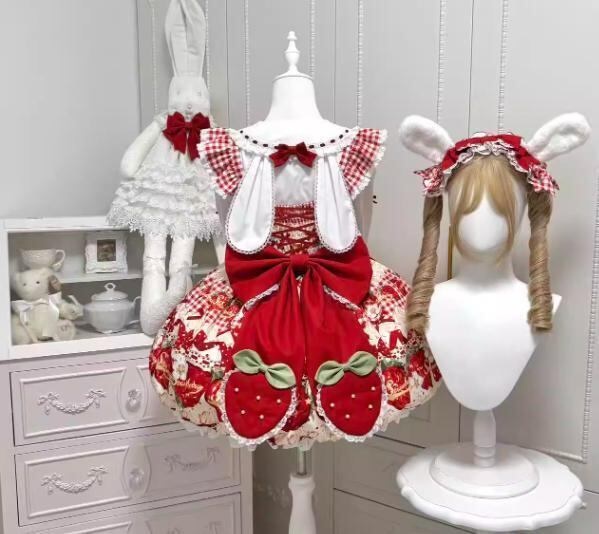 送料無料♡全2カラー うさ耳ブラウス&いちごJSKコンプリートセット set56★
