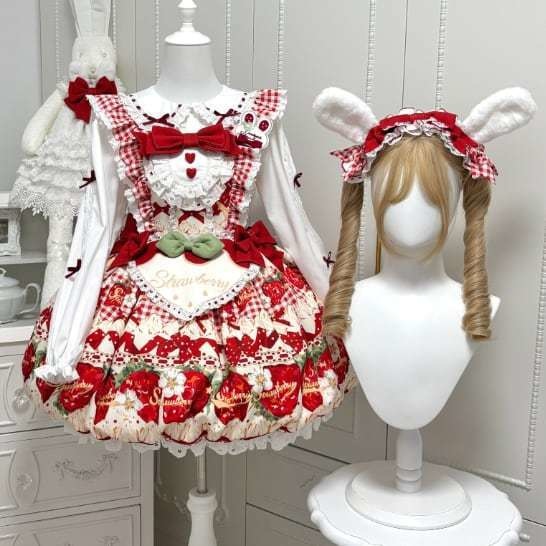 送料無料♡全2カラー うさ耳ブラウス&いちごJSKコンプリートセット set56★