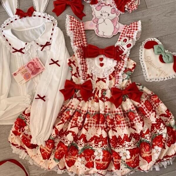 送料無料♡全２カラー　うさ耳ブラウス＆いちごＪＳＫコンプリートセット　set56★