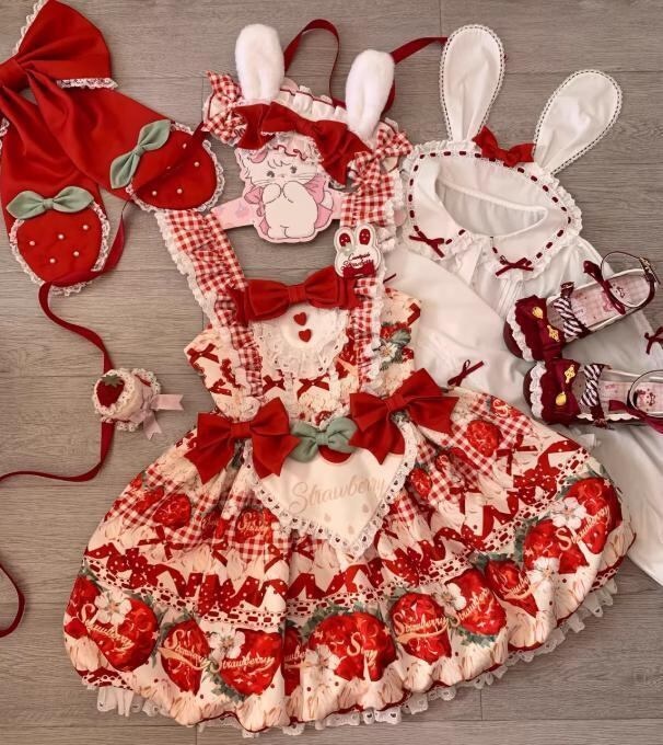 送料無料♡全2カラー うさ耳ブラウス&いちごJSKコンプリートセット set56★