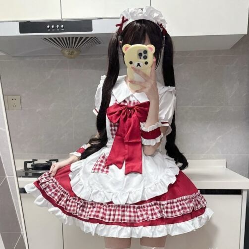 送料無料♡ビッグリボン付きギンガムチェックメイド服　kos35★