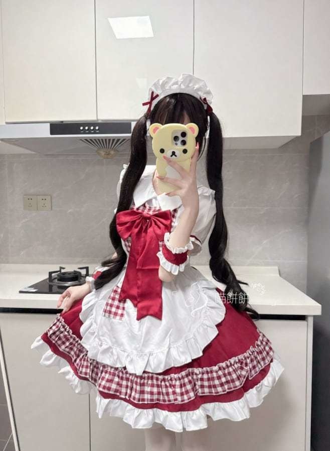 送料無料♡ビッグリボン付きギンガムチェックメイド服 kos35★