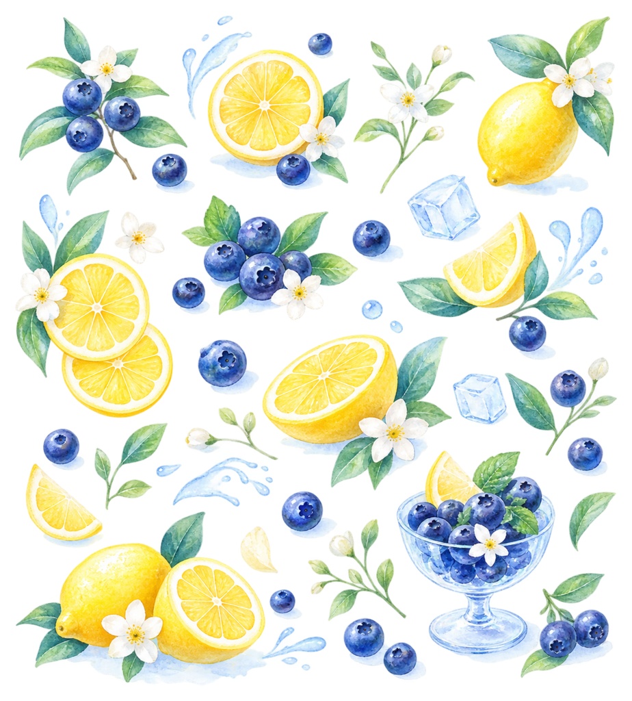 夏の水彩画デジタルペーパー～ブルーベリー＆レモン～