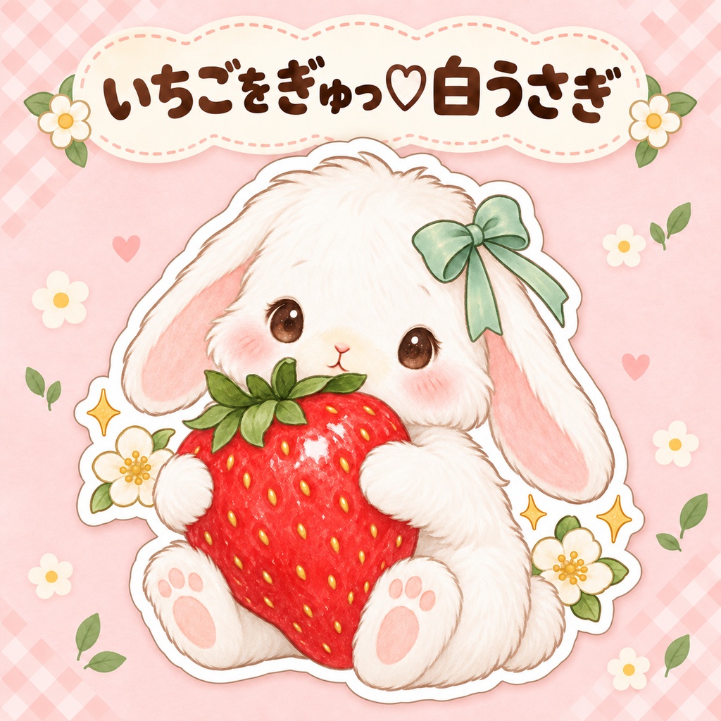 いちごをぎゅっ♡白うさぎ｜背景透過ステッカー素材