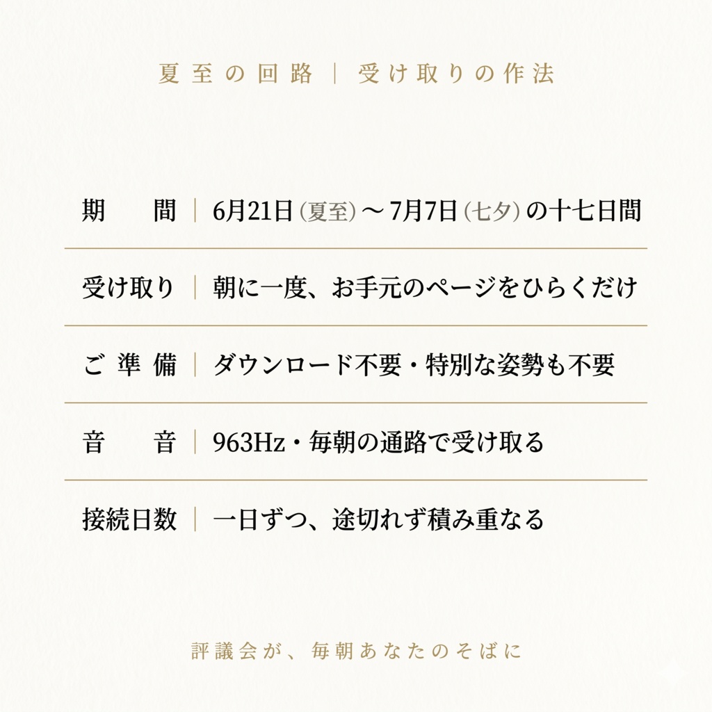 夏至の回路 ―― 評議会が、あなたの通路を毎朝ひらき続ける夏至から七夕までの伴走