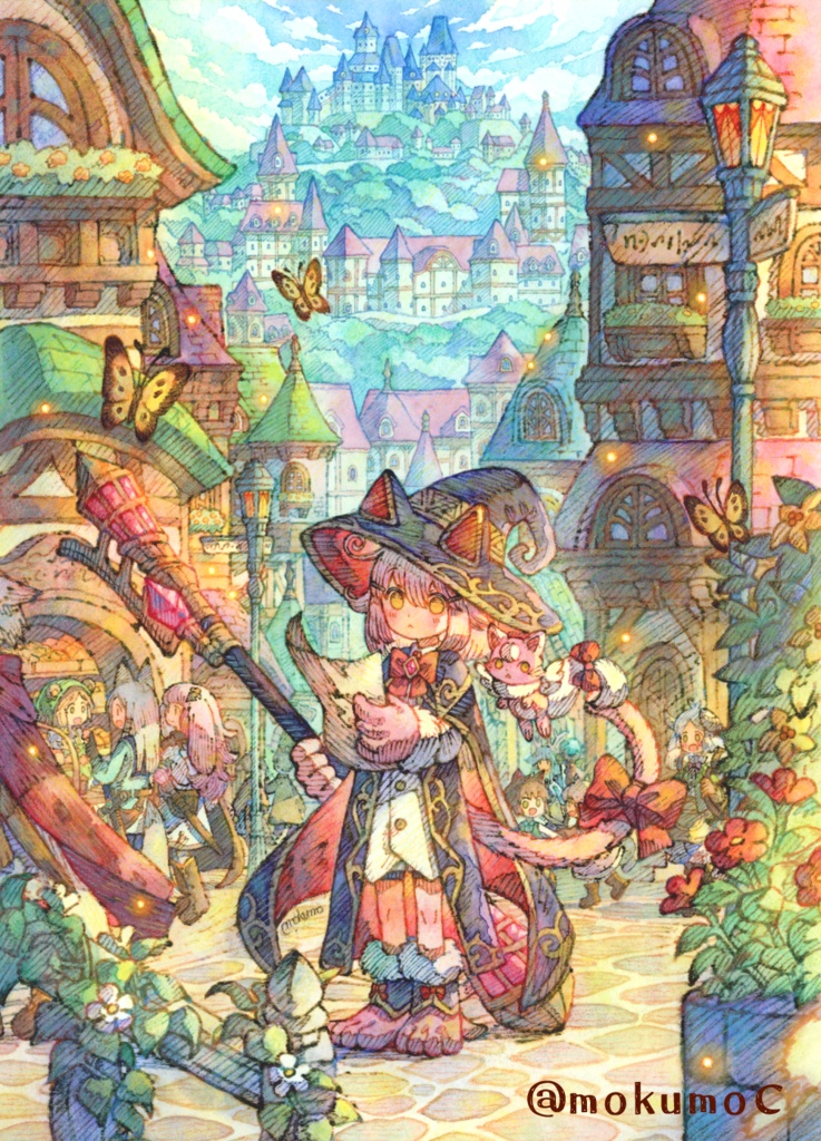 【額装原画】猫魔法使いの街歩き