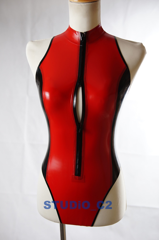 フロントジッパーレオタード レッドブラック