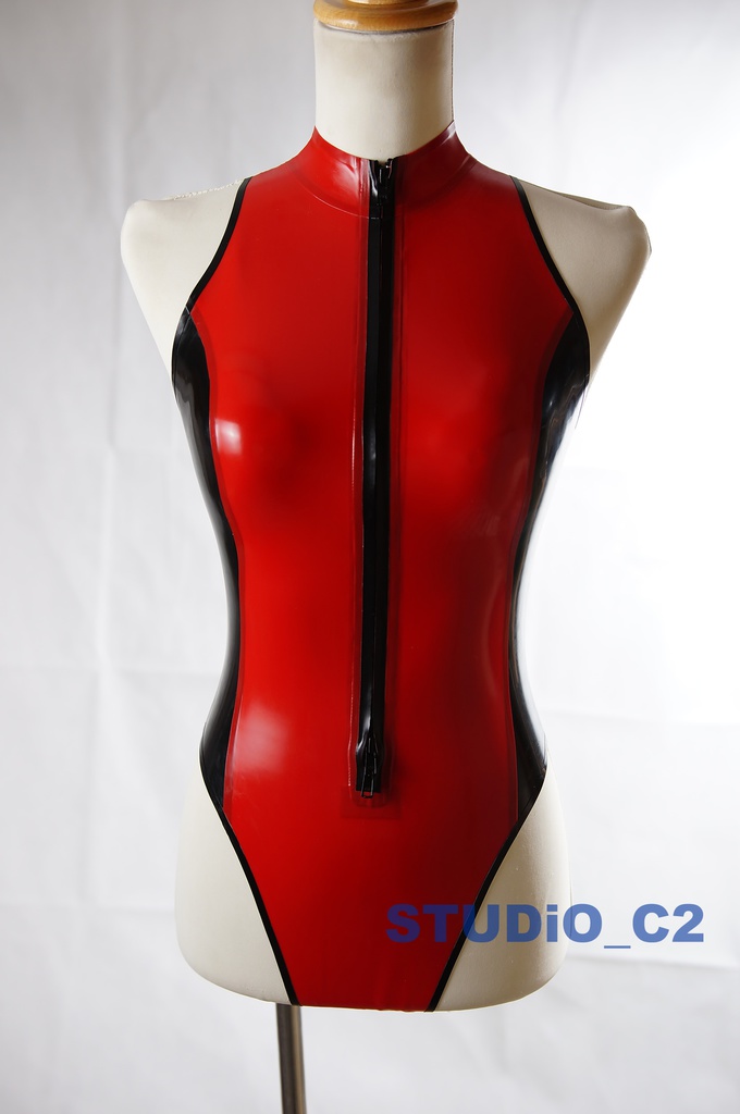 フロントジッパーレオタード レッドブラック