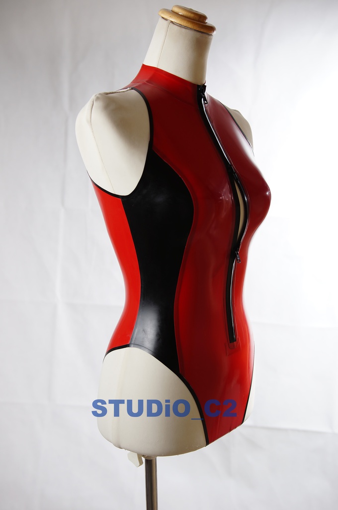 フロントジッパーレオタード レッドブラック