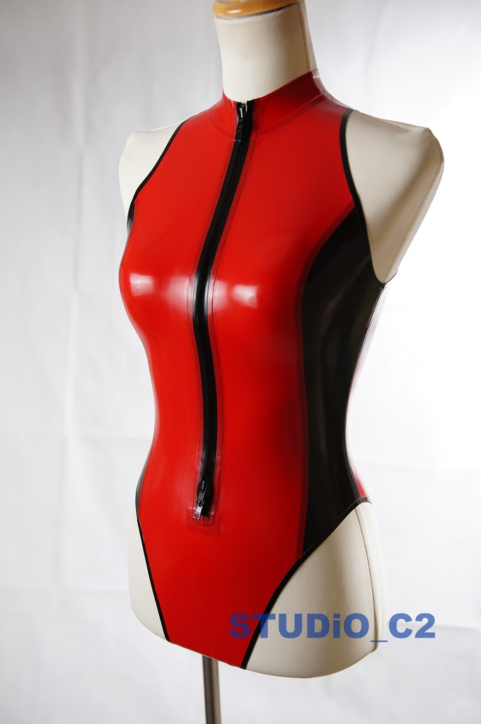 フロントジッパーレオタード レッドブラック