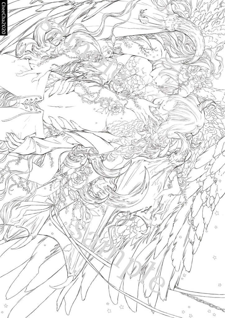 天使と悪魔(侵食領域)/オリジナル塗り絵線画