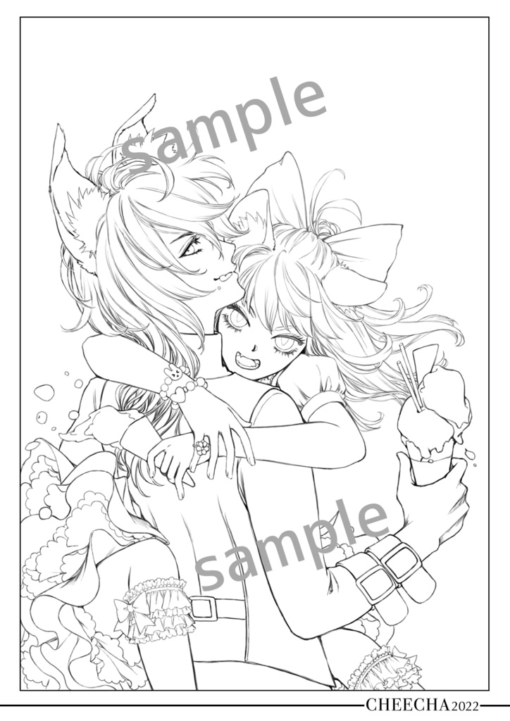 オリジナル塗り絵線画/けもみみ兄妹